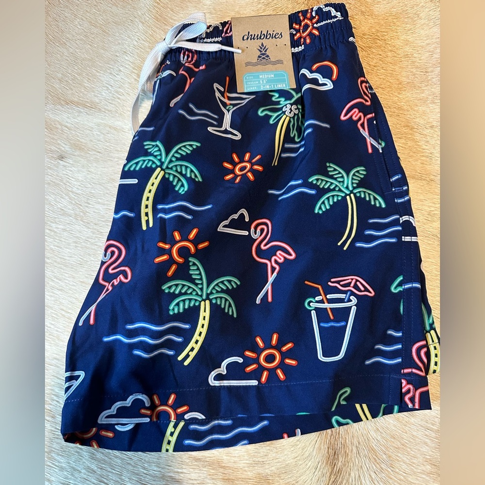 chubbies Navy Swim Trunks with Neon Palm & Flamingo Print